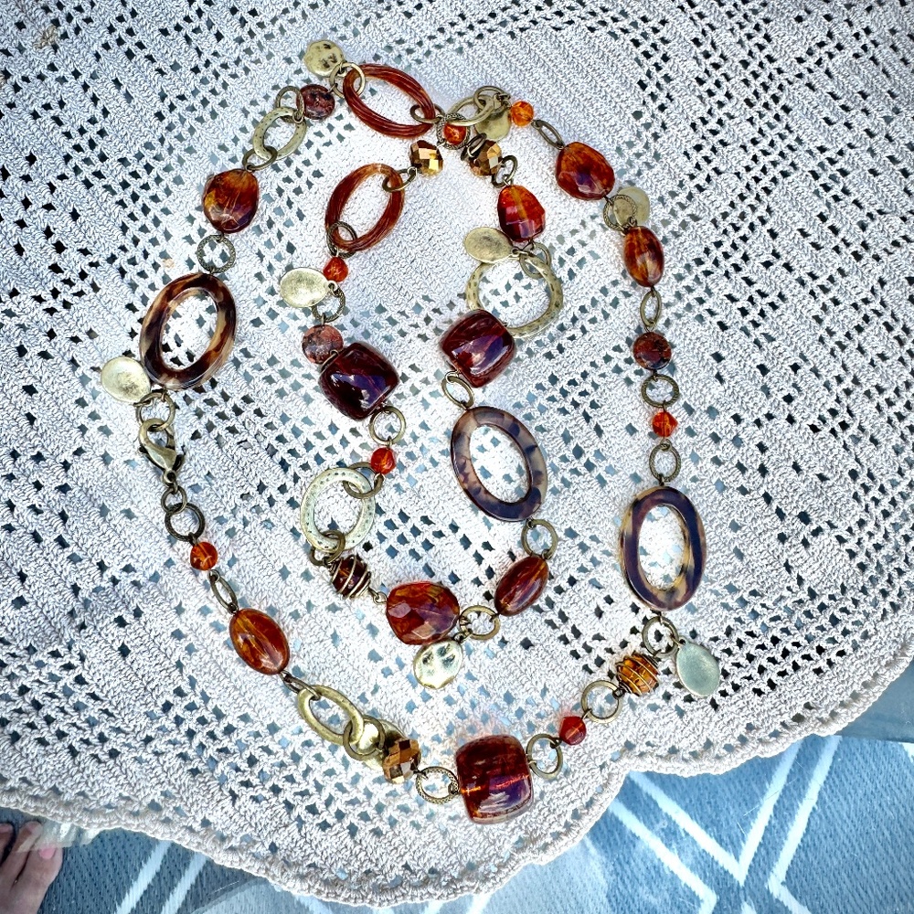 Vintage Art Glass Amber Beads Necklace with golden rings chain 21”,